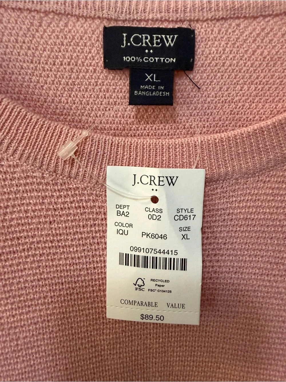 NWT J. Crew Men’s Pink Crewneck Cotton Subtle Waffle Knit Sweater Sz XL
